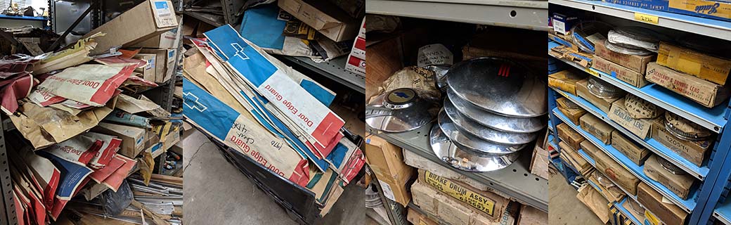 NOS (New Old Stock) parts inventoried on the shelves at All American Classics
